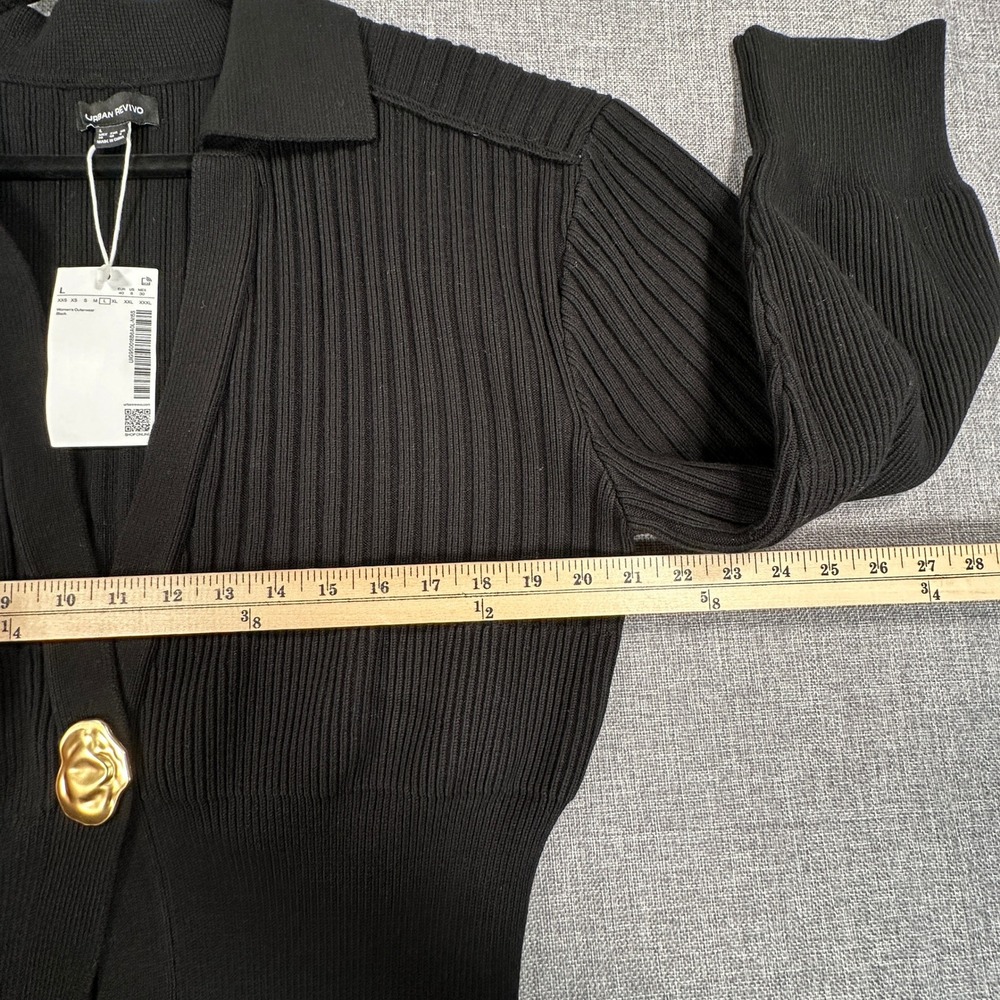 Urban Revivo Cardigan Women L Black Gold Button Ribbed Knit Collared Sweater NEW - Picture 7 of 10
